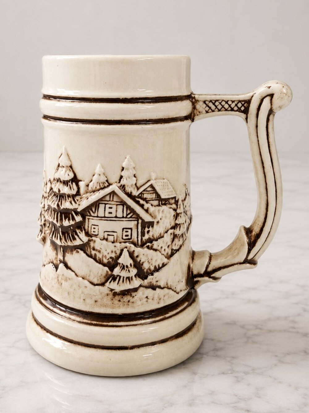 Vintage Ceramic Beer Stein Mug Embossed Winter Cabin Scene Brown Cream